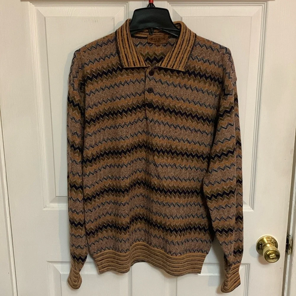 VTG Classic Black Missoni Sport Men’s Zigzag Polo Sweater Academia Luxury XL